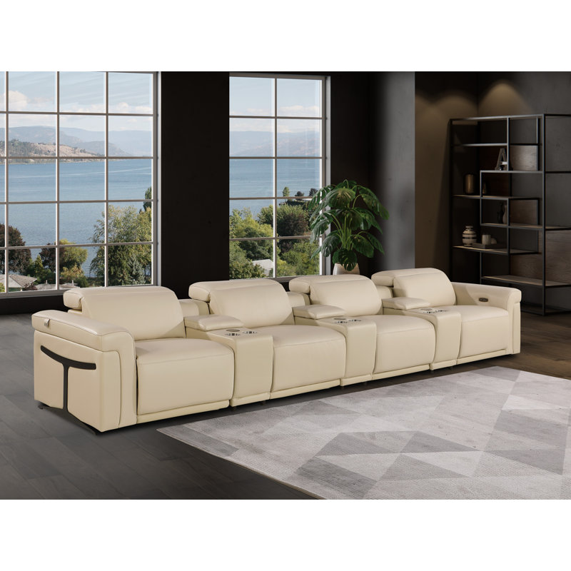 7-Piece 4-Power Reclining Italian Leather Sofa With Power Headrest, Beige