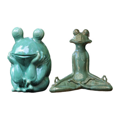 Green Stream Glazed Ceramic Frog Garden Statue Set of 2, Thinking Frog and Meditation Frog