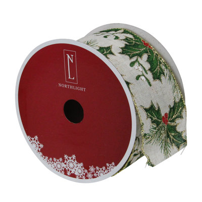 Ruban de Noël câblé ivoire et vert avec feuilles de houx 2,5 po x 16 verges