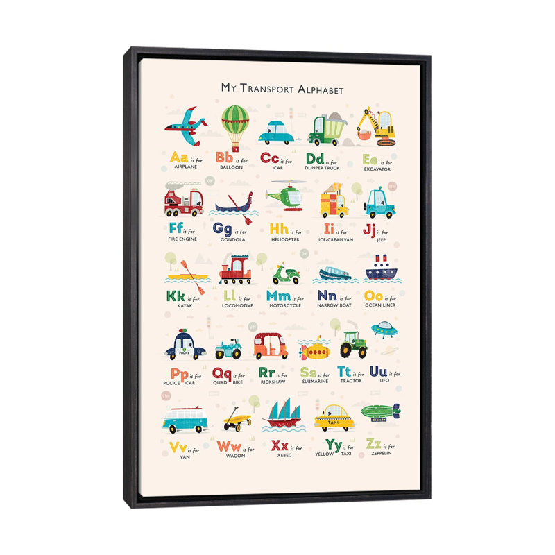 Retro Transport Alphabet - impression d'art graphique, Toile avec cadre noir patiné, H 40 po x l 26 po x P 1,5 po