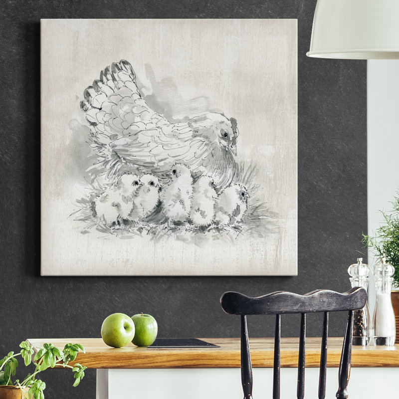 Poule et poussins - reproduction sur toile tendue, H 40 po x l 40 po x P 1 po