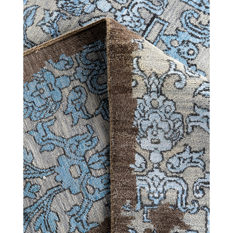 Tapis noué à la main de conception unique Ikat - bleu, 9 pi 2 po x 12 pi 1 po