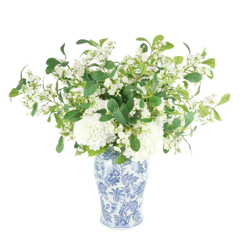Hydrangeas and Budding Stems in Decorative Vase, White