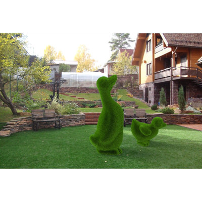 Personnage extérieur canard et topiaire vert