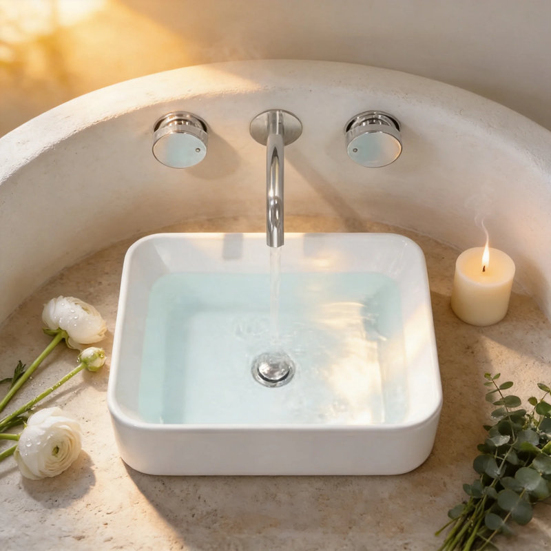 Vasque rectangulaire en porcelaine vitrifiée blanche de 48 x 38 cm (19 x 15 po), à poser sur un meuble-lavabo avec bonde de 4,4 cm (1,75 po).