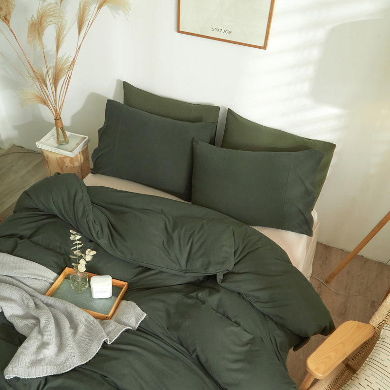 Ensemble de housse de couette 100% coton VCLIFE, Vert d’armée, Housse de couette grand + 2 taies d'oreiller