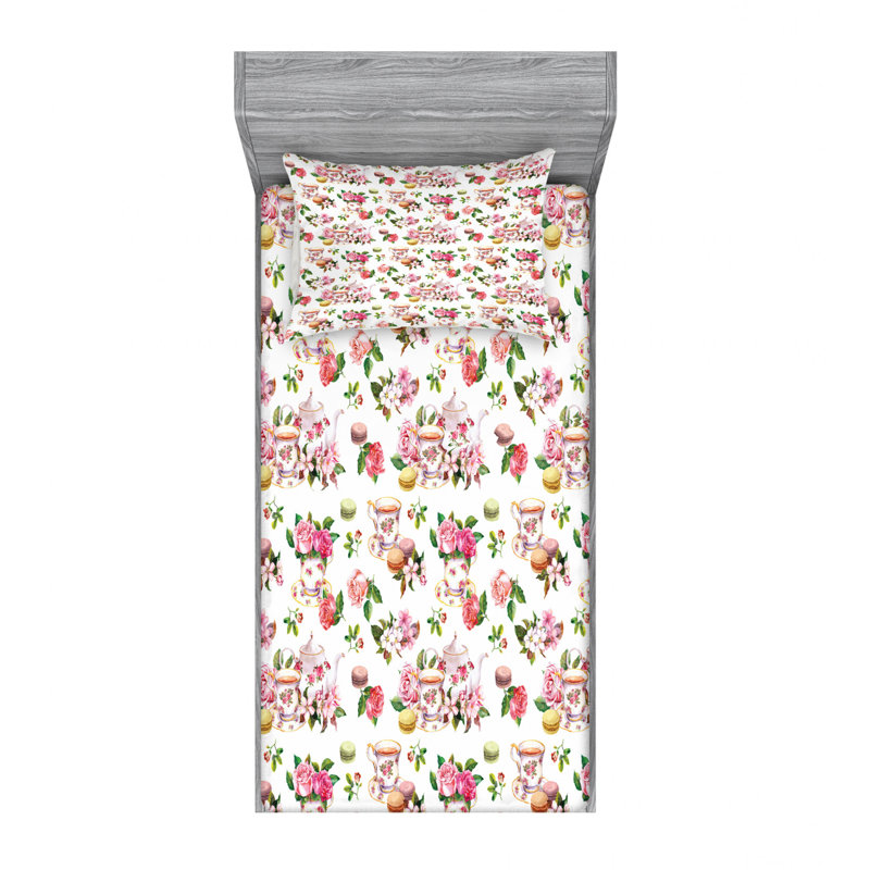 Microfiber Floral Sheet Set, Twin XL Sheet Set + Fitted Sheet + 1 Pillowcase, White/Pink/Green Floral