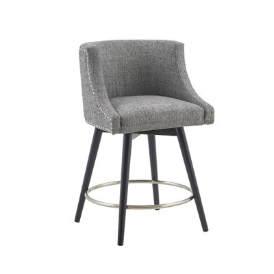 Tabouret gris - dossier rembourré, pieds en bois massif, pivotant à 360 °, repose-pieds à anneau en métal argenté, coussin de siège pivotant en mousse à finition repose-pieds, h 26,5 po