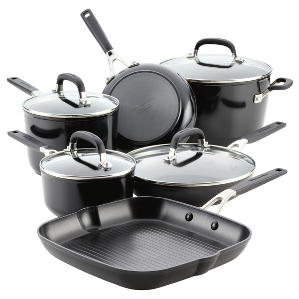 Juego de ollas y sartenes antiadherentes de anodizado duro KitchenAid, 10 piezas, negro ónix