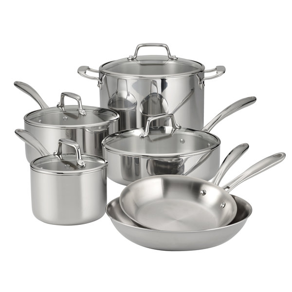 Juego de 10 piezas de utensilios de cocina de acero inoxidable Tramontina Tri-Ply Clad con tapas de vidrio