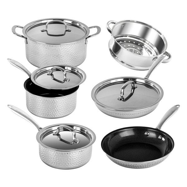 Juego de utensilios de cocina antiadherentes de acero inoxidable martillado Granitestone de 10 piezas, mangos que se mantienen fríos, apto para horno y lavavajillas