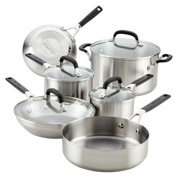 Juego de ollas y sartenes de acero inoxidable cepillado KitchenAid®, 10 piezas