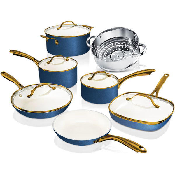Juego de utensilios de cocina antiadherentes Gotham Steel de 12 piezas, color crema/azul marino