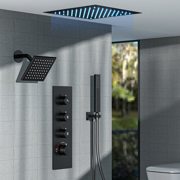 Sistema de ducha LED de lluvia de 12" para montaje en techo con válvula termostática, doble cabezal y rociador de mano