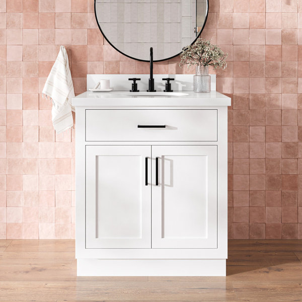 Thornaby 30'' Vanidad de baño individual de madera maciza con cubierta de cuarzo de 1.5''