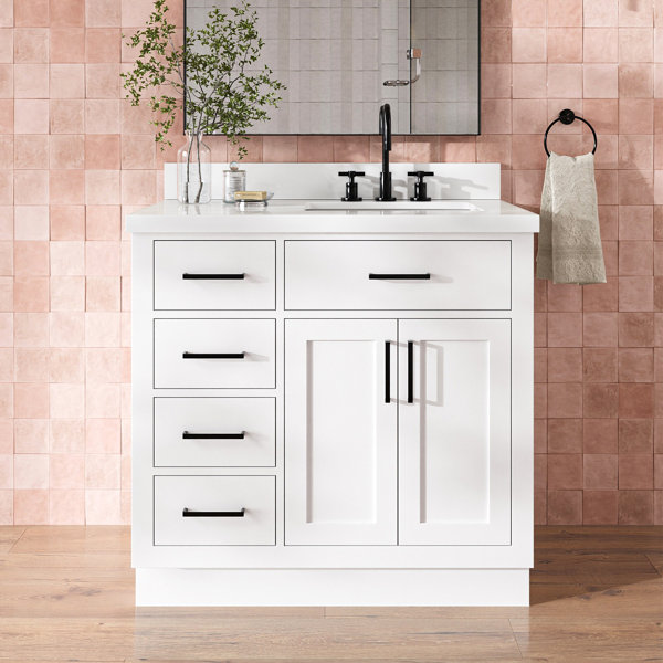 Tocador de baño individual Tidworth de 36 pulgadas en madera maciza con cubierta de cuarzo de 1.5 pulgadas