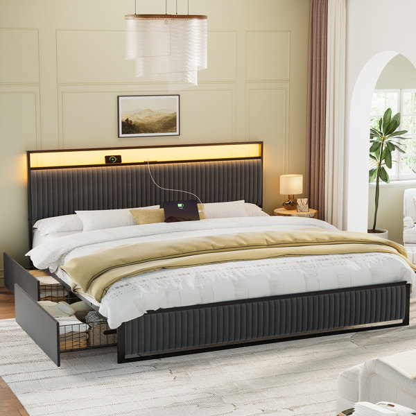 Cama tipo plataforma tapizada Antioch con almacenamiento de 2 cajones y estación de carga