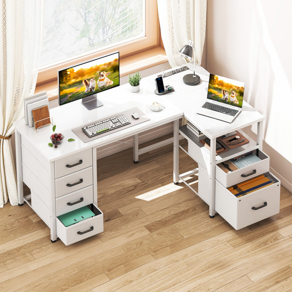 Escritorio en forma de L con 5 cajones debajo del escritorio, escritorio reversible con gabinete grande, escritorio para escribir con tomacorrientes