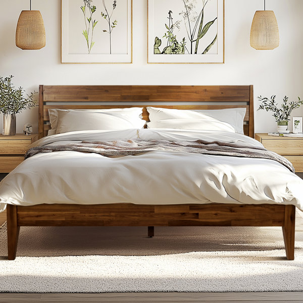 Cama tipo plataforma de madera maciza Acacia Premium con cabecero incluido, no necesita base, capacidad de peso 800 lb.