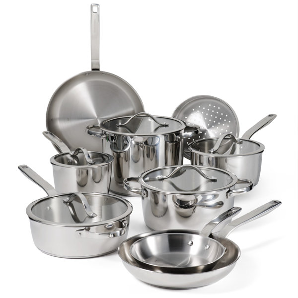 Juego de utensilios de cocina Tramontina Tempo de acero inoxidable con base tri-capas, 14 piezas con tapas de vidrio, apto para inducción, horno y lavavajillas
