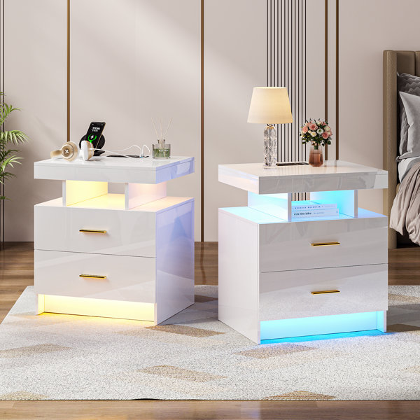 Ashten 19.69" W Velador de 2 Cajones con Puerto USB y Luz LED