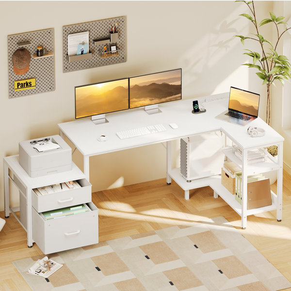 Escritorio con tomas de corriente empotradas, escritorio de oficina en casa con armario para impresora, escritorio reversible para computadora con soporte para PC, escritorio de esquina con estructura resistente