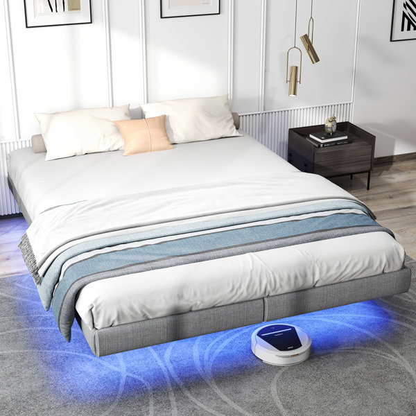 Base de cama flotante Cowen con luces LED, listones metálicos, espacio de almacenamiento debajo de la cama, sin necesidad de somier