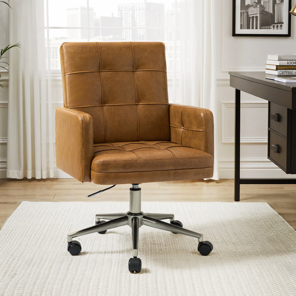 Sillón de oficina giratorio ajustable en altura de cuero Mid-Century Modern 23" W con diseño de botones