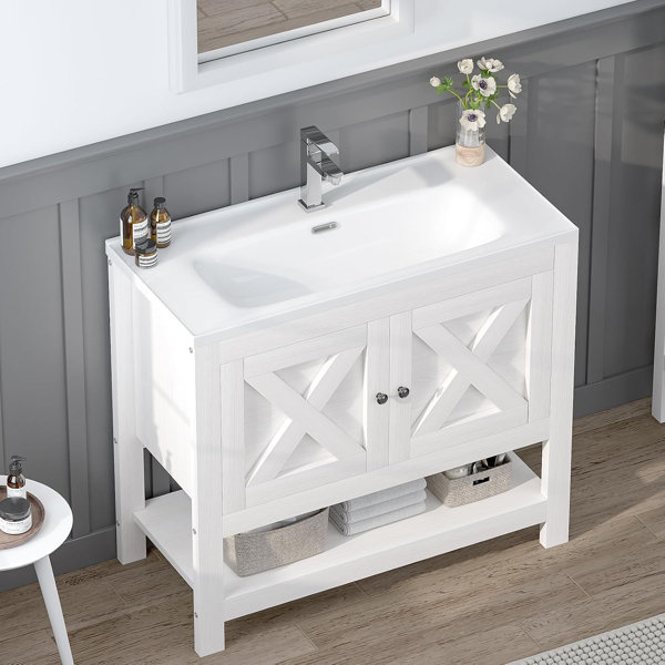 Vanitorio de baño de 35 pulgadas con lavabo, gabinete de baño estilo rústico, 2 puertas y estante abierto, vanitorio independiente, gabinete de baño con lavabo de cerámica