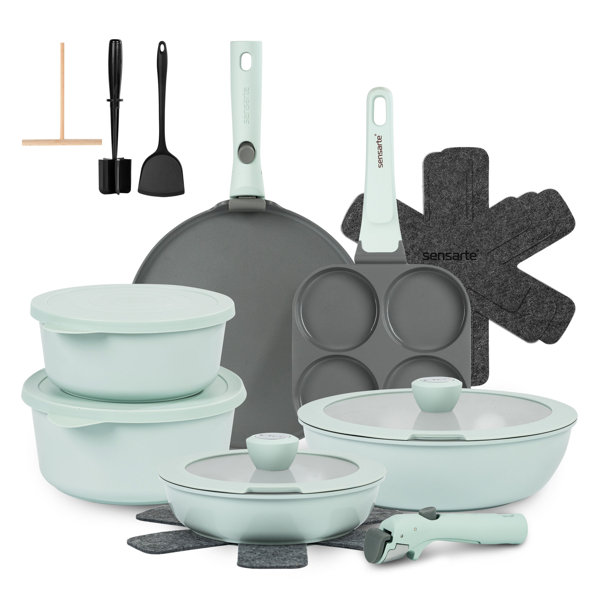 Juego de utensilios de cocina antiadherentes SENSARTE de 19 piezas, juego de ollas y sartenes saludables con mangos desmontables, apto para lavavajillas, compatible con inducción, libre de PFOS y PFOA