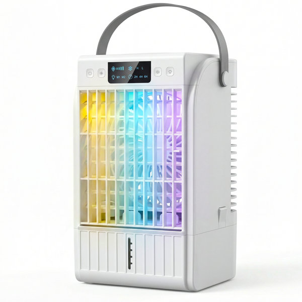 Aire acondicionado portátil, mini enfriador de aire 4 en 1 con 4 velocidades de viento, 2 modos de niebla, luz LED RGB de 7 colores, temporizador de 2 a 6 horas, ventilador personal para hogar, oficina, dormitorio, blanco