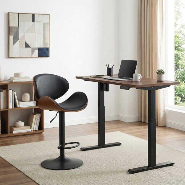 Taburete de bar giratorio tapizado moderno de 61 cm de alto, taburete de mostrador de altura ajustable con madera curvada, tapizado en cuero sintético y estructura metálica
