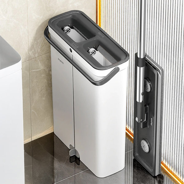 Trapeador y cubeta compacto - Sistema de trapeador plano con escurridor manos libres | Trapeador seco y húmedo para departamento, casa pequeña, RV, ventanas, pared (Sistema de cubeta compacta (2 paños))