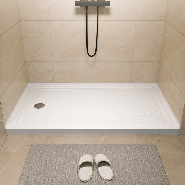 Base de ducha DeerValley de 60"L x 34"W en blanco con umbral simple, panel de ducha de acrílico rectangular para baño, desagüe derecho, DV-1SB0105R