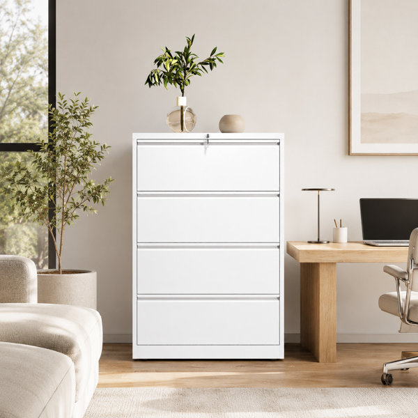 Archivero lateral metálico de 4 cajones con cerradura, 35.43" de ancho, para oficina en casa - Tamaño A4/Carta/Oficio