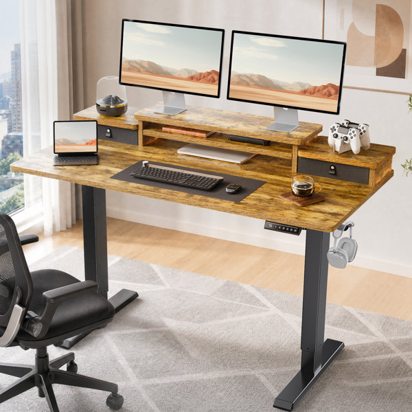 Escritorio eléctrico ajustable de pie con estante doble para monitor, 4 memorias de altura y 2 cajones