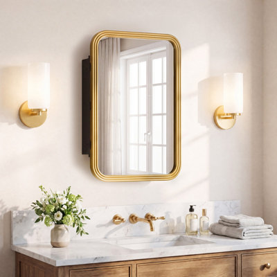 20x30in Medicine Cabinet, Bathroom Mirror Cabinet with Storage, Wall-Mounted or Recessed, Solid Pine Wood Frame with Powder-Coated Metal Cabinet and Tempered Glass Mirror, Gold
