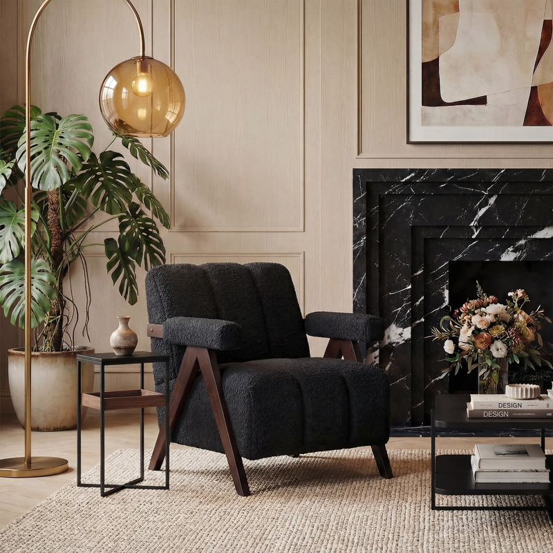 Fauteuil de style Mid-Century rembourré de 27,6 po de large avec pieds en bois massif, Charcoal Black Boucle
