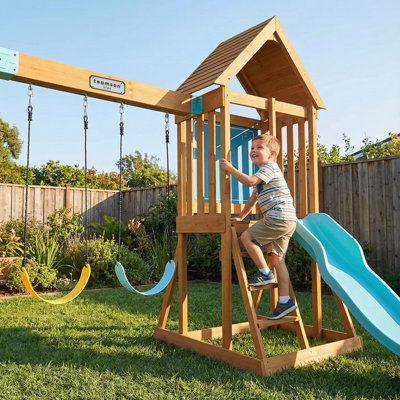 Teamson Kids Wooden Climbing Frame Swing Set with Slide & Chalkboard Sandpit