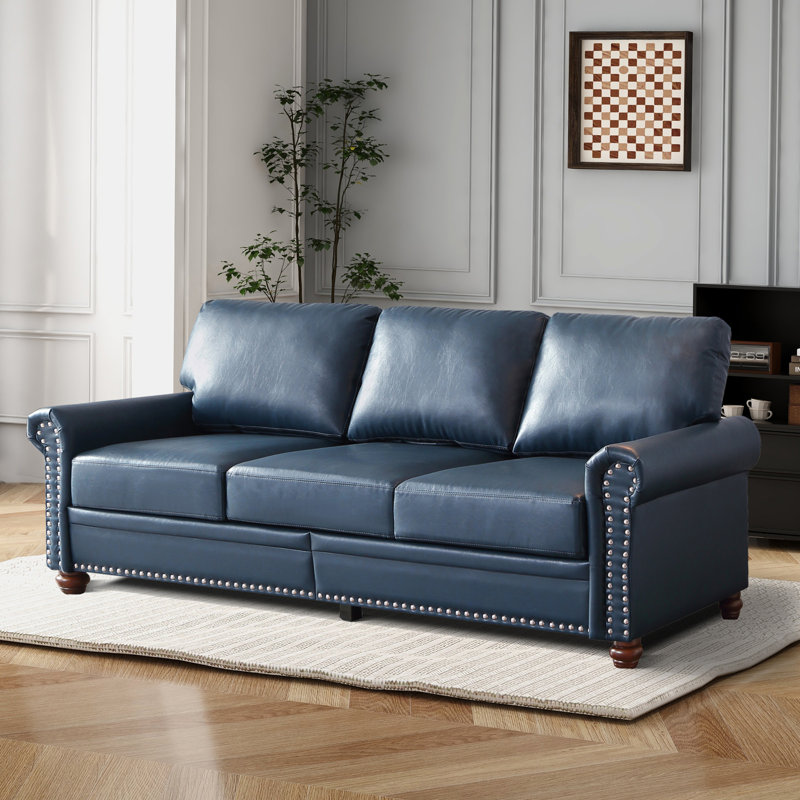Classic Living Room Nails Sofa Faux Leather, Navy Blue, 34.5" H x 82.68" W x 31.89" D