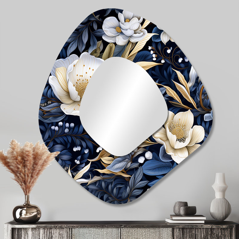 Deep indigo clair de lune fleurs I - Art abstrait botanique en métal - Miroir mural moderne et irrégulier, 35 po x 31 po