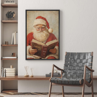 Red Santa Claus Reading a Book Traditional Santa Portrait Decor Illustration Modern Art Warm