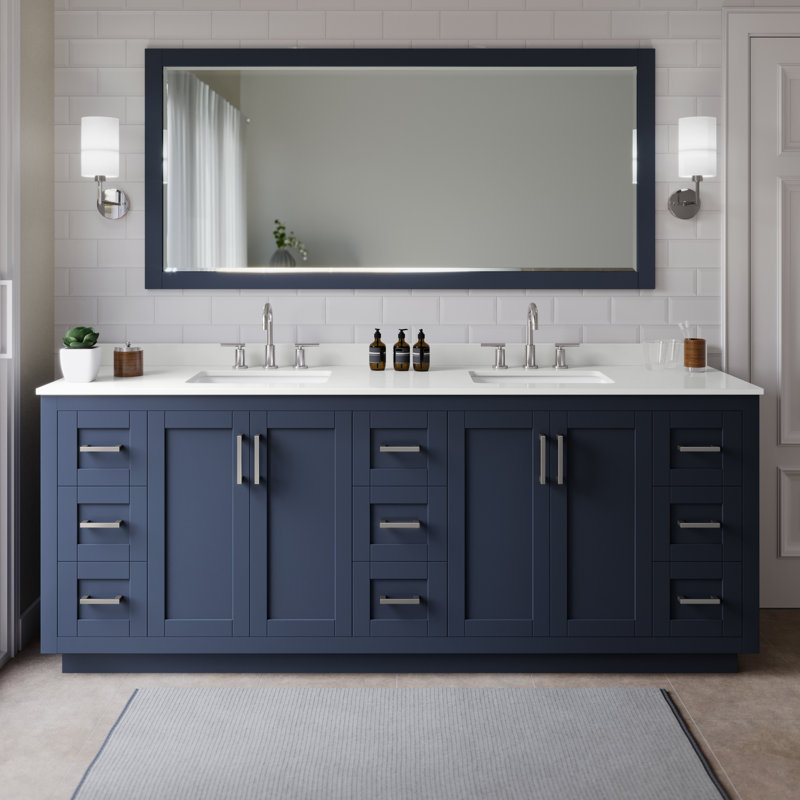 Miranda 84" Freestanding Double Bathroom Vanity with Quartz Top, Dark Blue, White Quartz, Brushed Nickel