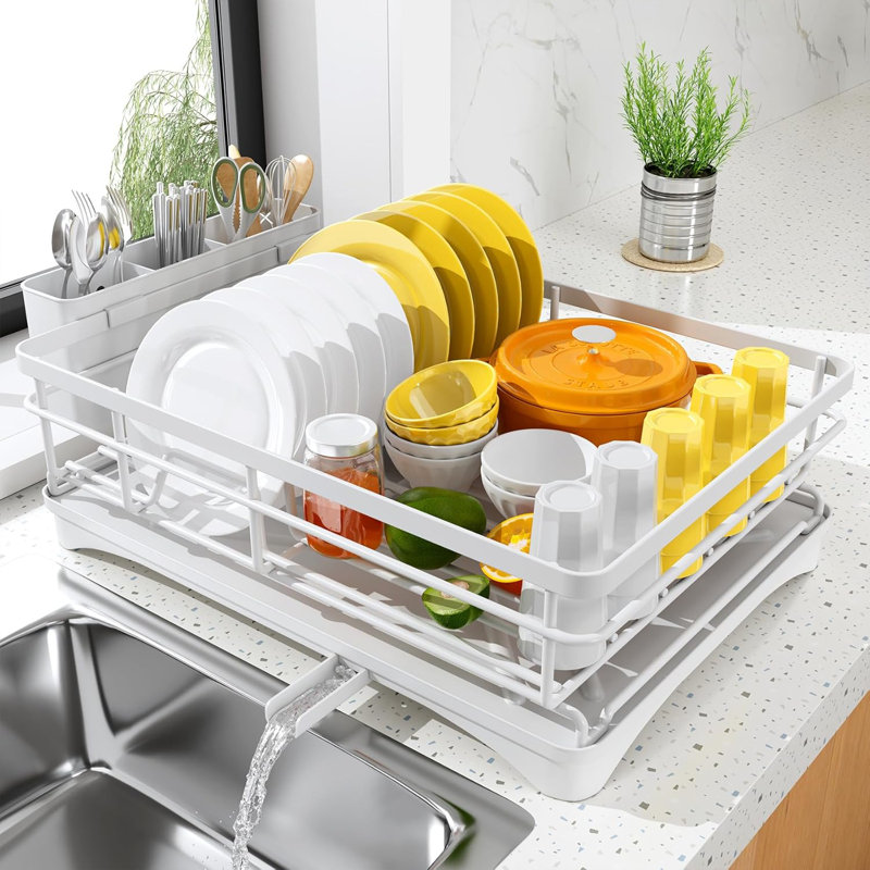 White Stainless Steel Countertop Dish Rack with Utensil Holder