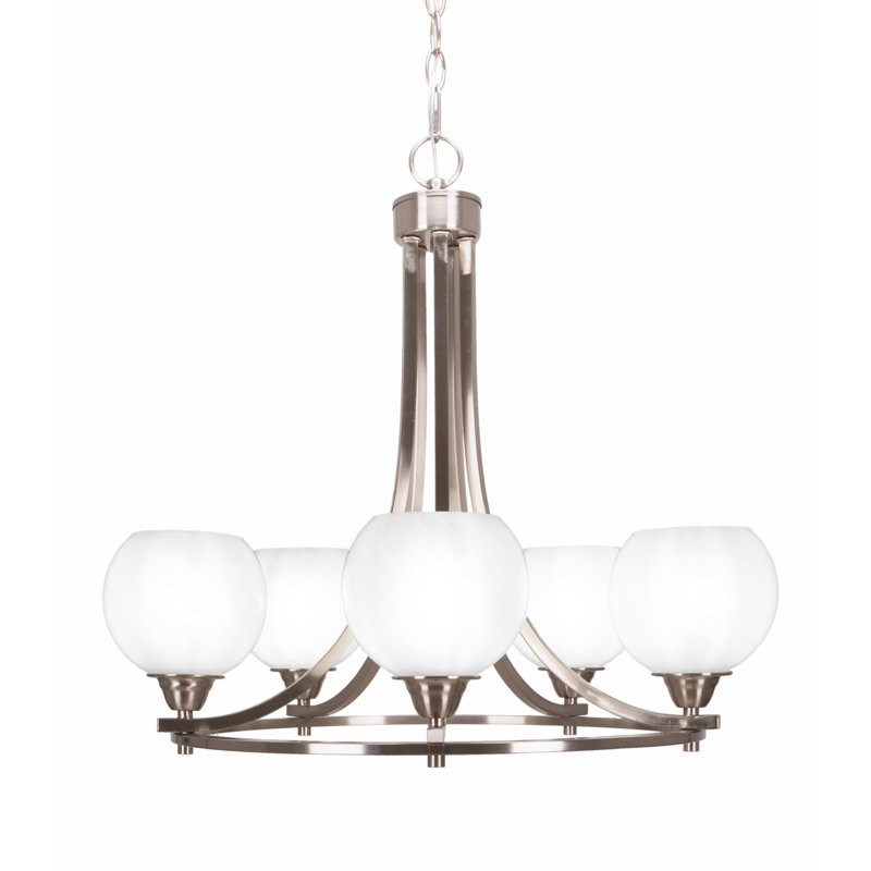 Lustre 5 lumières Paramount illustré en finition nickel brossé avec verre marbré blanc de 5,75 po