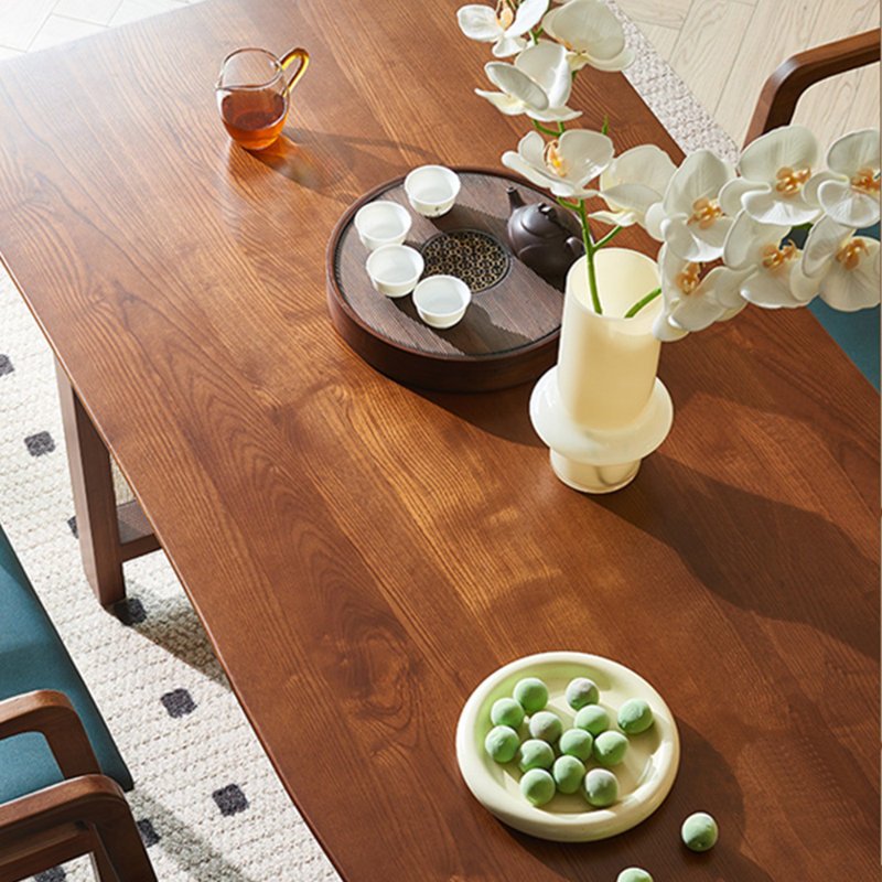 Rattan solid wood dining table set, 29.13"H x 78.74"L x 33.46"W