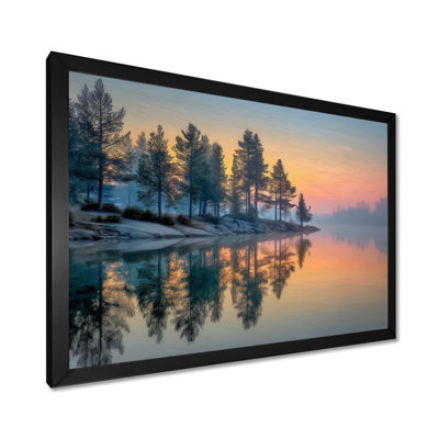 «Sunset at Dawn Lake Summer Mist», art mural encadré, paysage orange