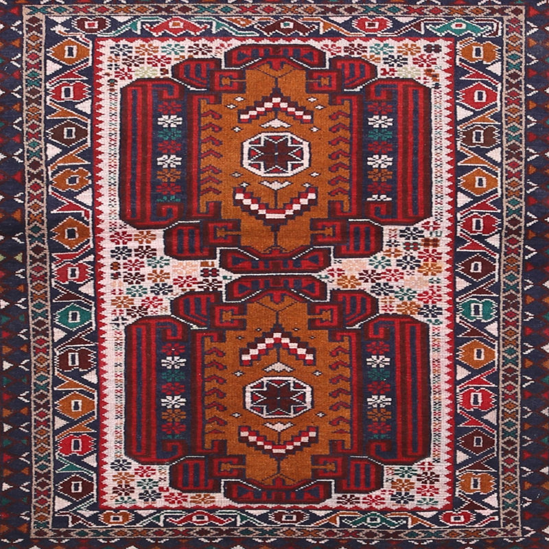 Tapis traditionnel bleu / rose clair / brun, Carré 3 pi