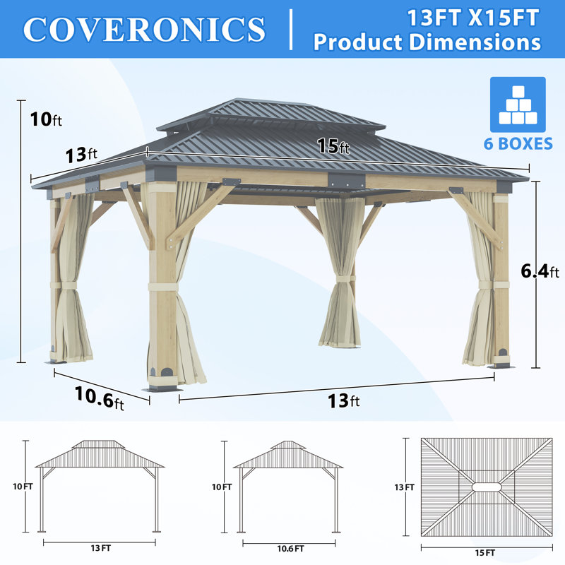 Pavillon de jardin d'extérieur en bois massif à toit rigide, 15 pi L 13 pi. D