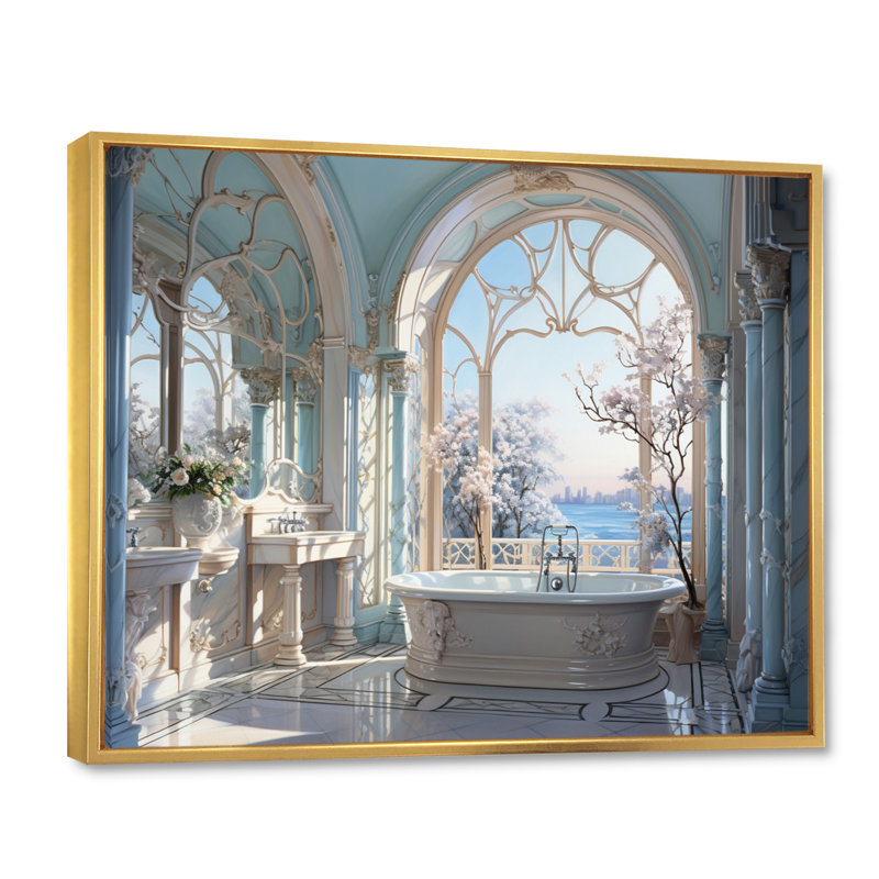 Impression sur toile, salle de bain et toilette - élégance éthérée, Cadre flottant doré, H 24 po x l 32 po x P 1 po
